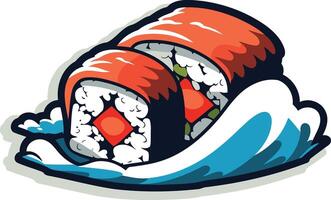 A vibrant cartoon illustration of a sushi roll, half submerged in a crashing wave vector