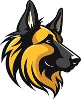 A stylized head of a german shepherd, rendered in black and yellow, looking directly at the viewer with a confident expression vector