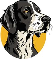 A detailed illustration of a black and white hunting dog with a playful expression, set against a yellow background vector