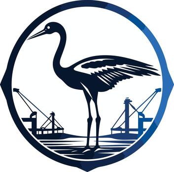 A bold, abstract silhouette of a crane bird in a circular frame vector