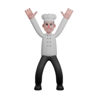 3D Chef Character. A chef is raising both hands up with a happy and enthusiastic facial expression. Culinary Cartoon png