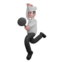 Male Chef in 3D. A chef is jumping enthusiastically while holding a frying pan in the right hand and a spatula in the left hand png