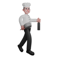 3D Male Culinary Expert. A chef is walking while holding a pot and a bottle in both hands. Illustrated Character png