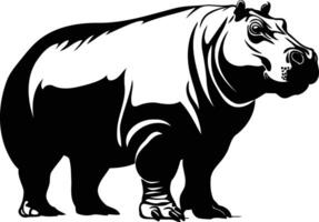Black and white silhouette of a hippopotamus standing against a white background vector