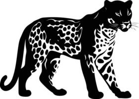 Black and white silhouette of a walking jaguar with spotted fur, perfect for logos, illustrations, and more vector