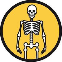 A simple, cartoon style skeleton illustration in a circular yellow frame vector