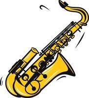 A vibrant yellow saxophone with black outlines, in a cartoon style, perfect for jazz, music, or instrument themed designs vector