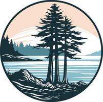 A circular logo with three pine trees silhouetted against a sunset over a lake vector