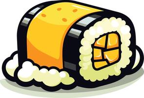 A cartoon style sushi roll with a yellow outer layer and visible rice and fillings vector