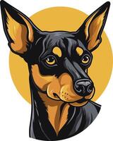 A close up illustration of a cute black and tan miniature pinscher with a friendly expression, perfect for dog related designs, branding, and social media vector