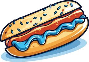 A cartoon illustration of a hotdog with blue frosting and red sauce, topped with colorful sprinkles vector