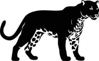 Black and white silhouette of a leopard standing in profile, showcasing its powerful physique vector