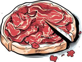 A humorous cartoon illustration of a steak sliced open with a knife, showing the red meat inside vector