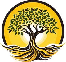 Stylized tree logo with a sun and roots, perfect for environmental, nature, or growth related businesses vector