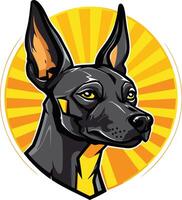 A bold and dynamic illustration of a black dog's head with a yellow sunburst background vector