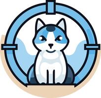 Cute cartoon cat with blue eyes and a playful expression, peeking through a round window with a target like frame vector