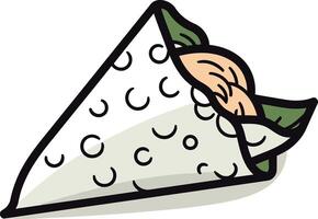 A cute, hand drawn illustration of a single, partially unwrapped crepe filled with a generous amount of almond filling vector