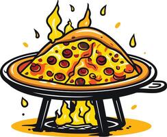 A cartoon illustration of a delicious pizza on fire, perfect for use in food related designs, menu items, and social media posts vector