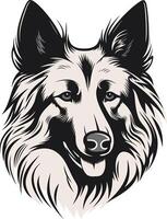 A striking black and white illustration of a dog's head, perfect for pet related designs, logos, and branding vector