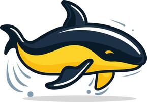 A cute and cartoonish illustration of a dolphin jumping out of the water, with a yellow belly and black back vector