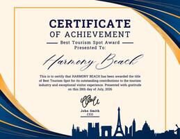 Certificate Of Achievement Best Tourism Spot Award template