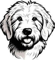 A charming black and white illustration of a fluffy dog, with a friendly expression and wagging tongue vector