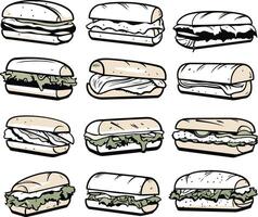 Set of 9 hand drawn sandwich illustrations, perfect for menus, food blogs, or recipe websites vector