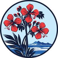 A circular design featuring a vibrant red hibiscus flower with a blue background and water scene vector
