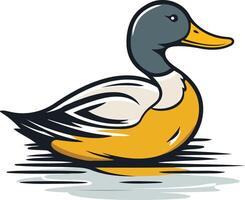 A cute cartoon duck with yellow and white plumage, a grey head, and a black beak vector