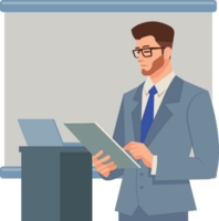 Smart young business man hand pointing on document presenting with empty space backdrop screen flat design illustration png