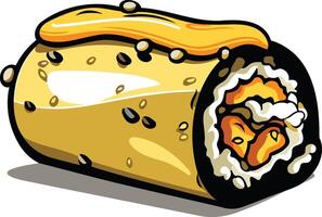 A cartoon illustration of a delicious looking sushi roll, covered in a generous layer of yellow sauce and sesame seeds vector