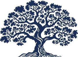A stately blue silhouette of a tree with intricate branches and roots, symbolizing growth, strength, and longevity vector