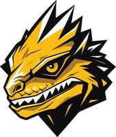 Aggressive and powerful mascot logo featuring a yellow lizard with sharp teeth and piercing eyes vector