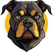 A close up illustration of a fierce rottweiler's head, with a focused and determined expression vector