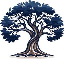 A stylized illustration of a strong, ancient tree with deep blue leaves, symbolizing growth, strength, and longevity vector