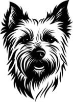 A striking black and white portrait of a yorkshire terrier, featuring detailed fur and a friendly expression vector