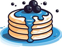 A cartoon illustration of a stack of delicious pancakes topped with blueberries and dripping with blue syrup vector