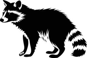 Black and white silhouette of a raccoon standing, looking to the left vector