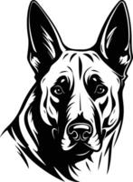 A striking black and white illustration of a german shepherd's head, captured in a powerful and expressive pose vector