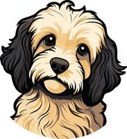 Adorable cartoon illustration of a fluffy, fawn colored puppy with big, expressive eyes vector