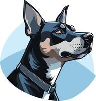 A bold and expressive illustration of a black and tan dog with a collar, perfect for use in branding, logos, and pet related designs vector