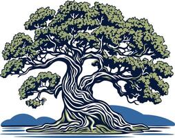 A majestic, stylized tree stands tall and proud, its gnarled branches reaching towards the sky vector