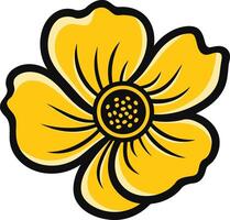 Simple, cartoon style yellow flower with a black outline vector