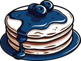 Cartoon illustration of a stack of fluffy pancakes drizzled with blueberry syrup and topped with fresh blueberries vector