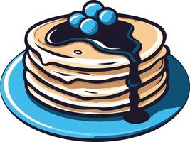 A cartoon illustration of a delicious stack of pancakes, drizzled with syrup and topped with blueberries vector