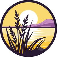 Simple and elegant logo design featuring a sunset over a lake, with tall grass in the foreground vector