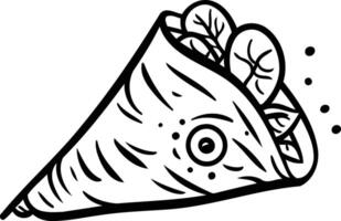 Black and white line art illustration of a burrito with a unique eye design vector