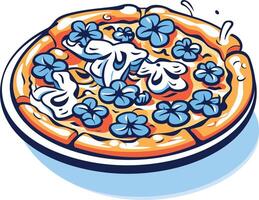 A whimsical illustration of a pizza with blue flower toppings, perfect for menus, food blogs, and social media vector