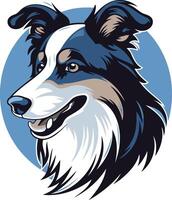 A friendly cartoon border collie with blue and tan markings, smiling against a blue background vector