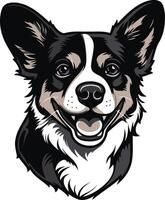 A friendly cartoon illustration of a black and white corgi's face, looking directly at the viewer with a happy smile vector